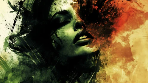 Abstract female portrait dissolving in fiery brushstrokes.