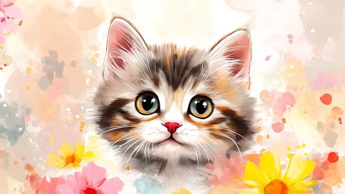 Digitally rendered tabby kitten with golden eyes amid floral composition elements.