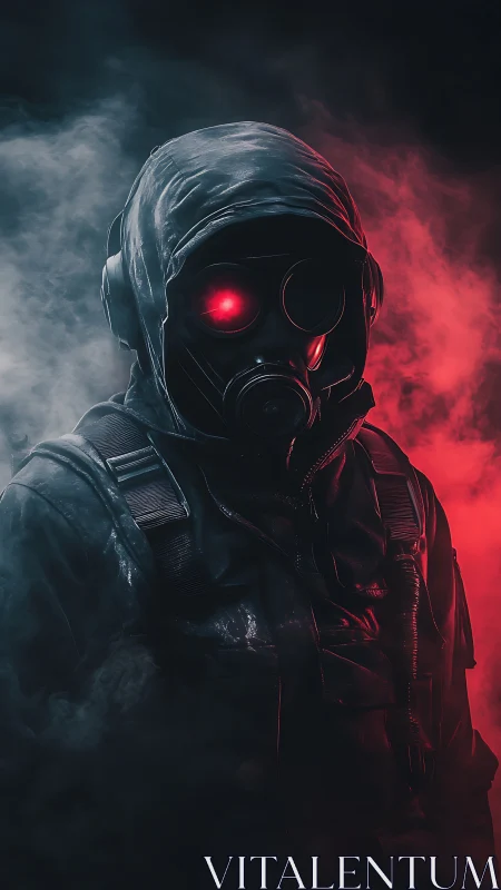 Hooded figure in gas mask stands amid red and blue smoke