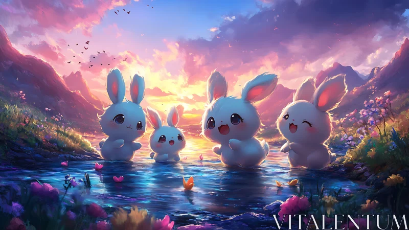 Digital painting of kawaii rabbits in luminous river valley sunset.