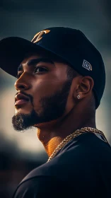 Sunlit portrait of confident man in cap exuding quiet strength