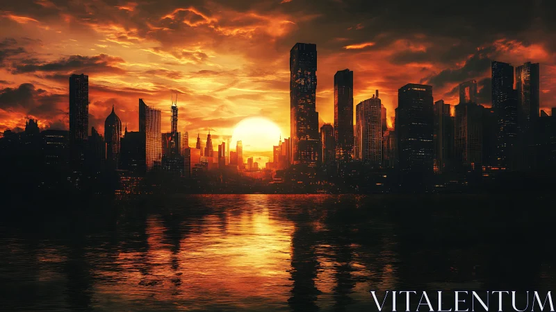 High-contrast urban skyline against low-horizon solar backlight