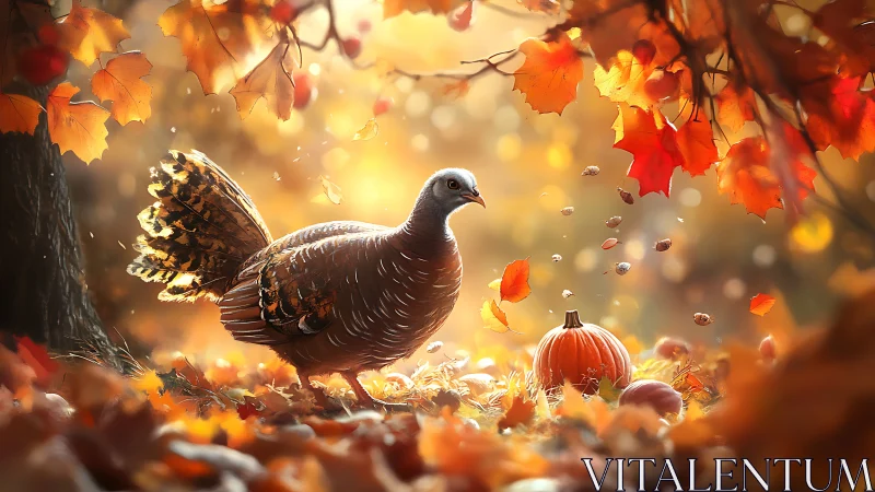 Autumn turkey explores a glowing forest of falling leaves