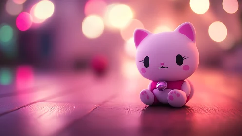 Blushing toy kitten soaks in neon twilight bokeh dreams