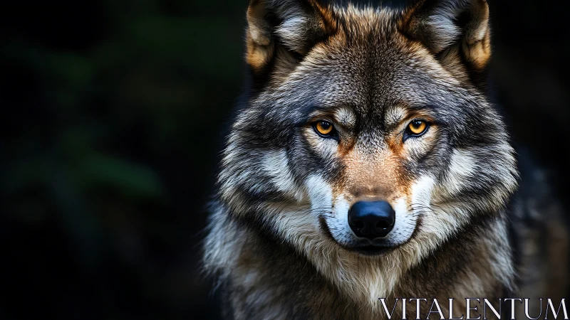Golden-eyed forest wolf in a calm midnight stare.