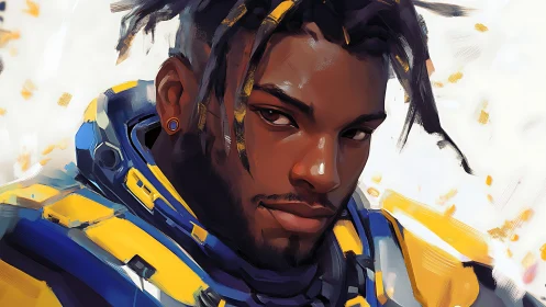 Male subject in yellow and blue sci‑fi armor, digital portrait.