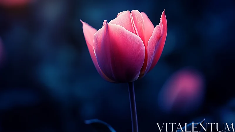 Pink Tulip Glows Against the Deep Blue Night.