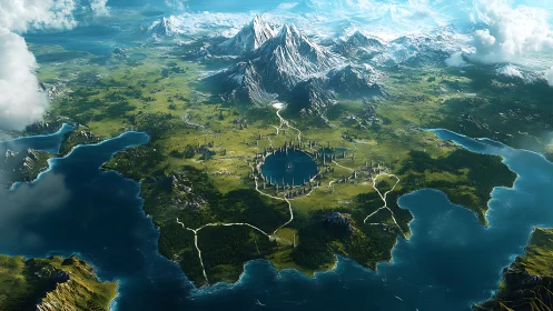 High-altitude fantasy continent with ringed lake city and peaks.