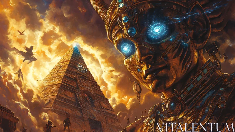 Cyborg figure beside illuminated pyramid under storm clouds.