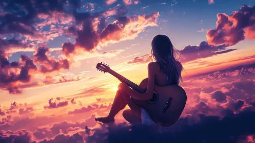 Silhouetted guitarist seated in luminous sunset cloudscape