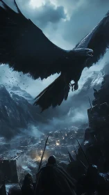 Warhost beneath stormlit eagle over burning mountain citadel.