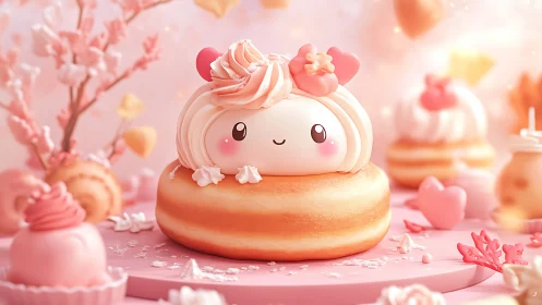 Stylized Character Seated on Glazed Pastry Foundation with Decorative Surroundings