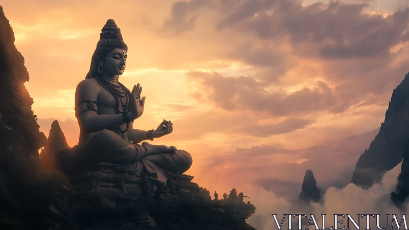 Colossal serene deity statue amid glowing mountain sunset.