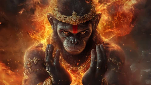 Fire crowned simian warrior summons blazing divine fury.