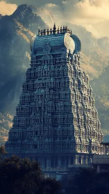 Mountain-guarded temple tower draped in sculpted twilight stone.