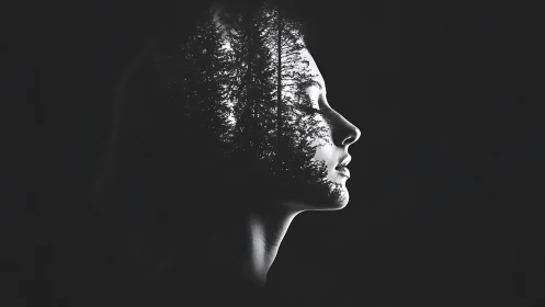 Double exposure female profile merging forest silhouette.