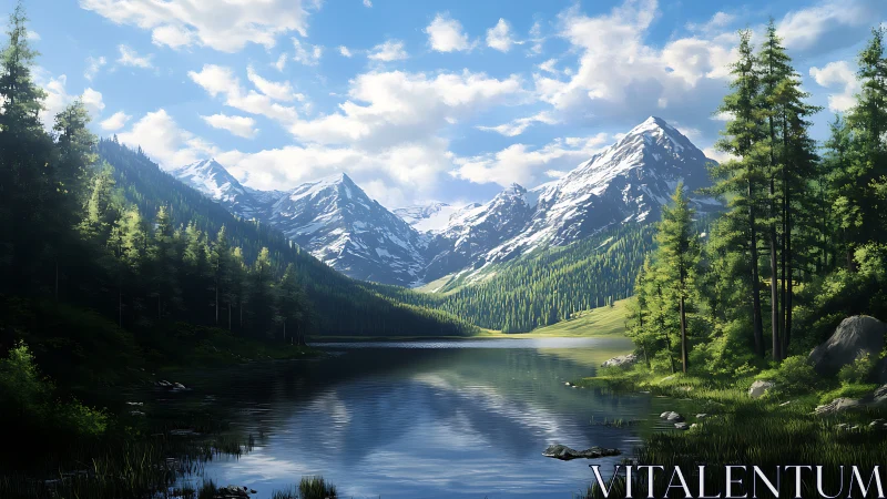 Snow-capped mountain range above reflective alpine lake.