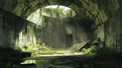 Post-apocalyptic vaulted tunnel with reclaimed greenery environment.