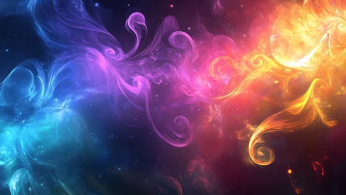 Multicolor abstract nebula with swirling gaseous light forms.