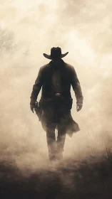Silhouetted cowboy walks forward through dense ground fog