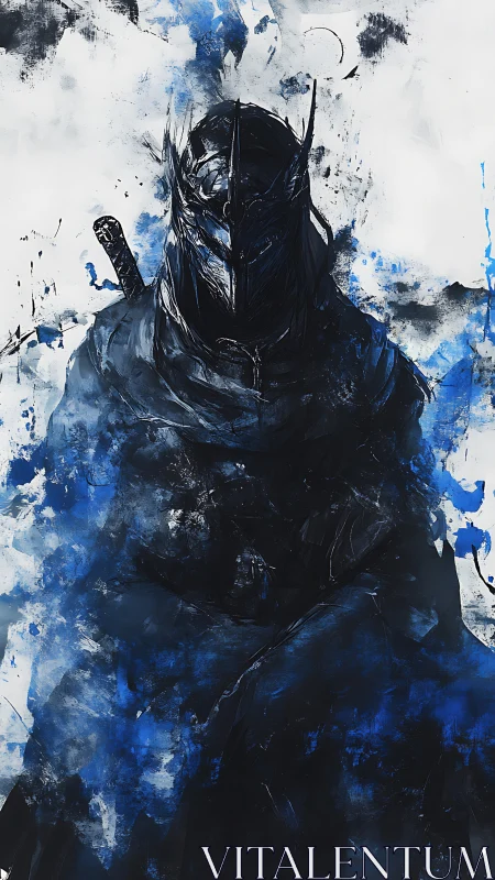 Midnight helm rises in storm-splashed cobalt shadows.