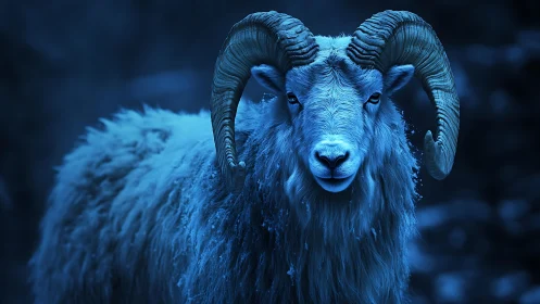 Nocturnal blue-graded ram portrait with high-contrast horns.