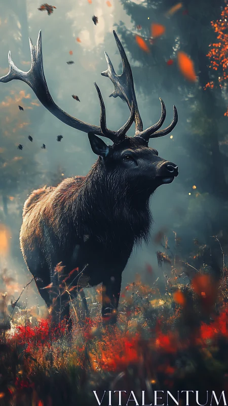 Cinematic digital stag portrait in misted autumn forestscape.