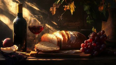 Wine, Bread, and Autumn Harvest Under Golden Hour Lighting