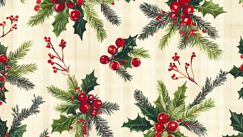 Watercolor holly and pine Christmas foliage seamless pattern.