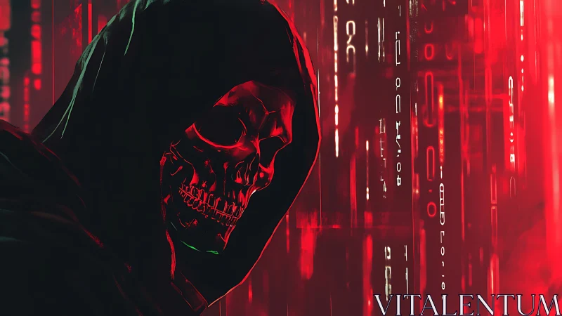 Hooded cyber skull glows red inside abstract digital matrix