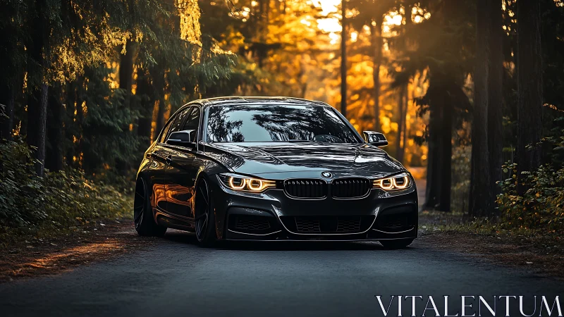 Sport sedan glows against golden forest road backdrop.