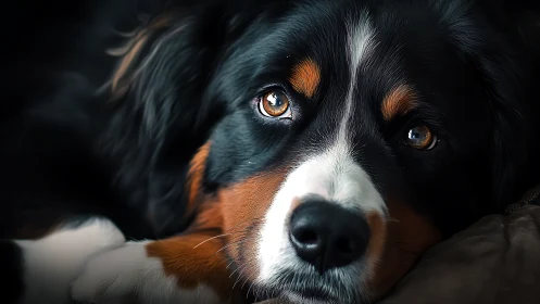 Bernese mountain dog portrait with luminous soulful eyes.