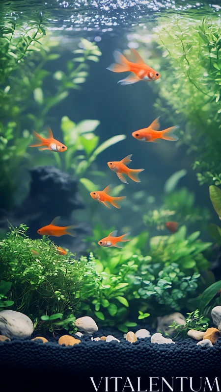 High clarity planted aquarium with schooling orange fish