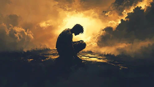 Kneeling soul in golden stormlight finding quiet strength.