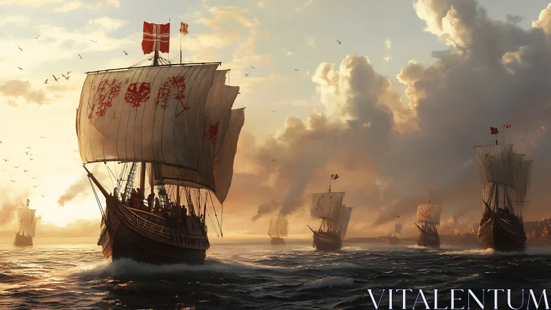 Sunlit medieval fleet under billowing heraldic sails.