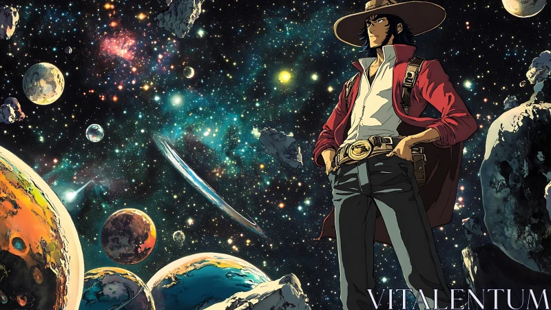 Spacefaring gunslinger stands amid multi-planet nebula field