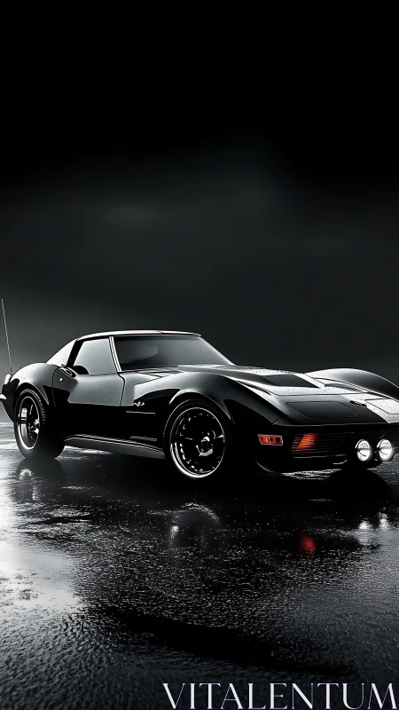 Midnight muscle coupe stalking rain-lit asphalt dreams.