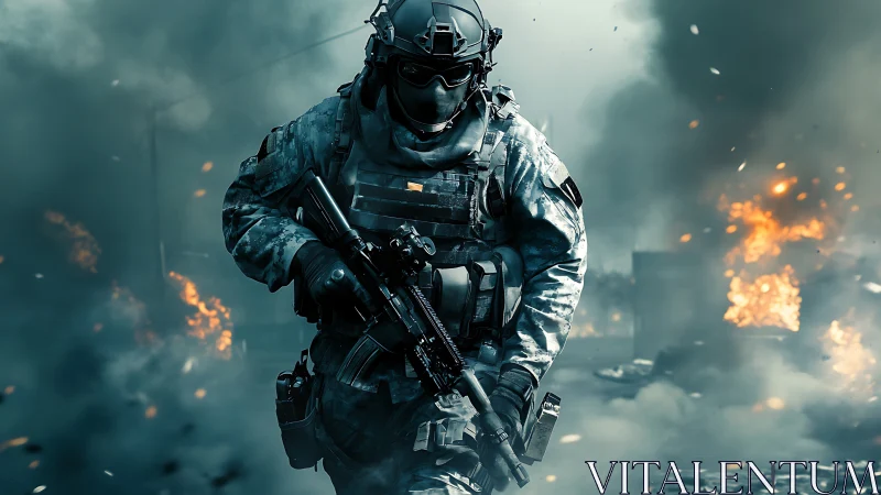 Tactical soldier advances through burning urban combat zone.