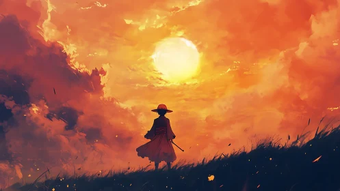 Lone wanderer with sword under blazing orange sunset sky.