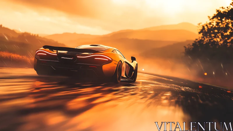 Orange sports car on wet road in low sun conditions.