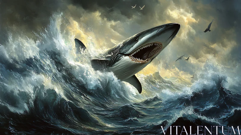 Giant shark bursts from stormy ocean waves under dark clouds