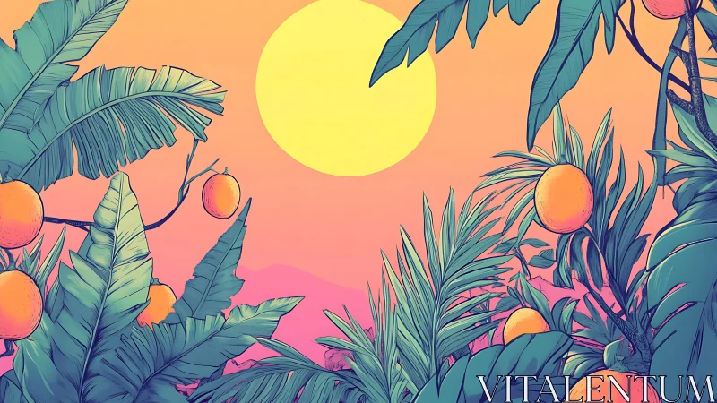 Tropical citrus canopy under exaggerated solar disc at dusk.