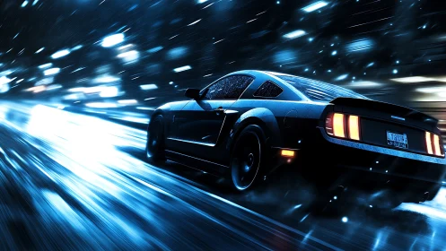 Rear view of dark sports car on wet night roadway.