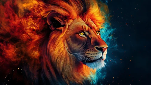 Fiery lion portrait with vivid flames and cool blue smoke.