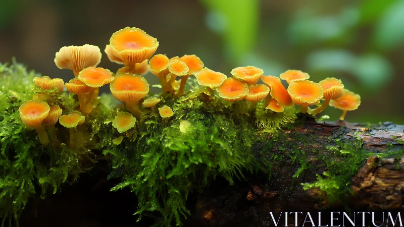 Golden forest mushrooms along mossy fallen log.