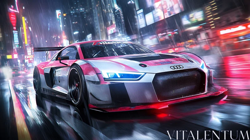 Audi race car speeds through wet neon city street at night