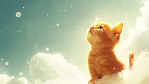 Golden kitten gazing upward in luminous celestial clouds.