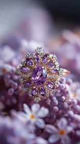 Rose gold amethyst and diamond ring on soft lilac flowers.