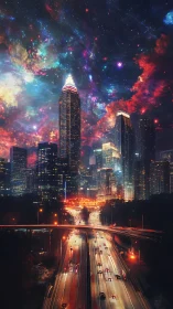 Urban skyline with highway under dense nebula-like sky.