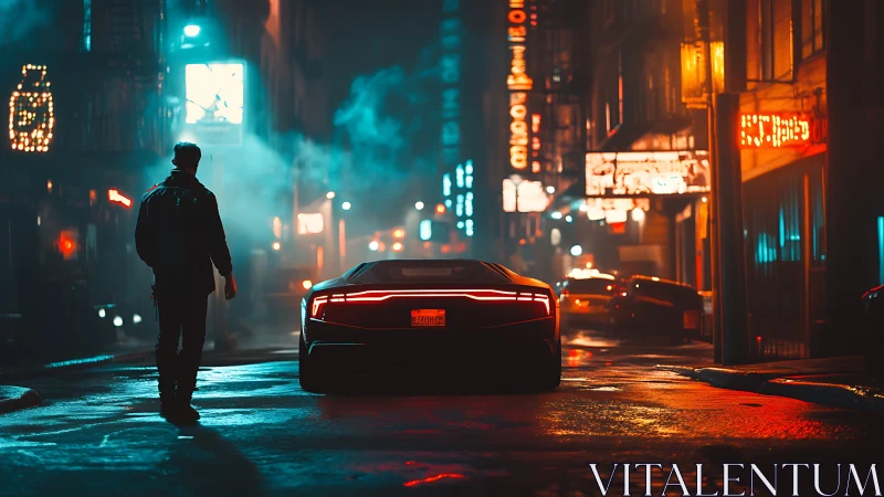 Neon-lit cyber street with lone figure and sports car at dusk.